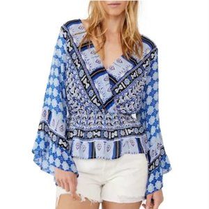 NWT FREE PEOPLE Rosalie Bell Sleeve Faux Wrap Top Indigo Blue Size Small S